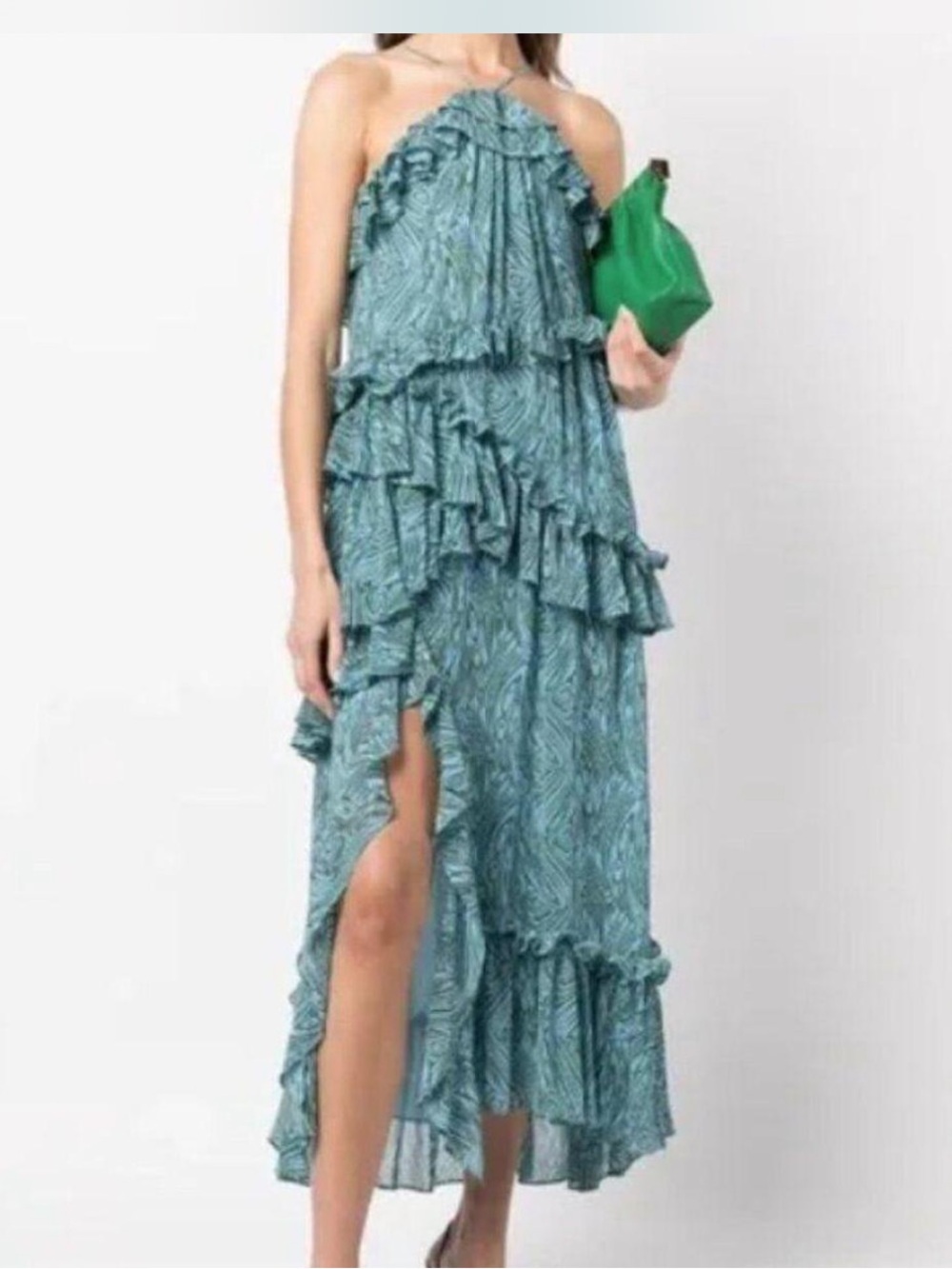 Cinq à Sept Rayner Ruffle Chiffon Dress blue green cascading tiered ruffles